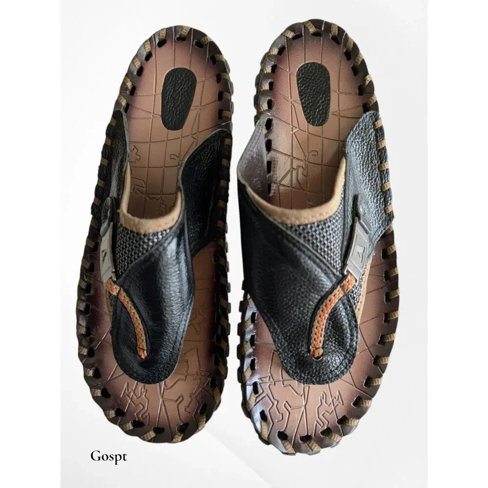 Gospt Mens Sandals Size 48 Black Leather Thong Comfort Flip Flops